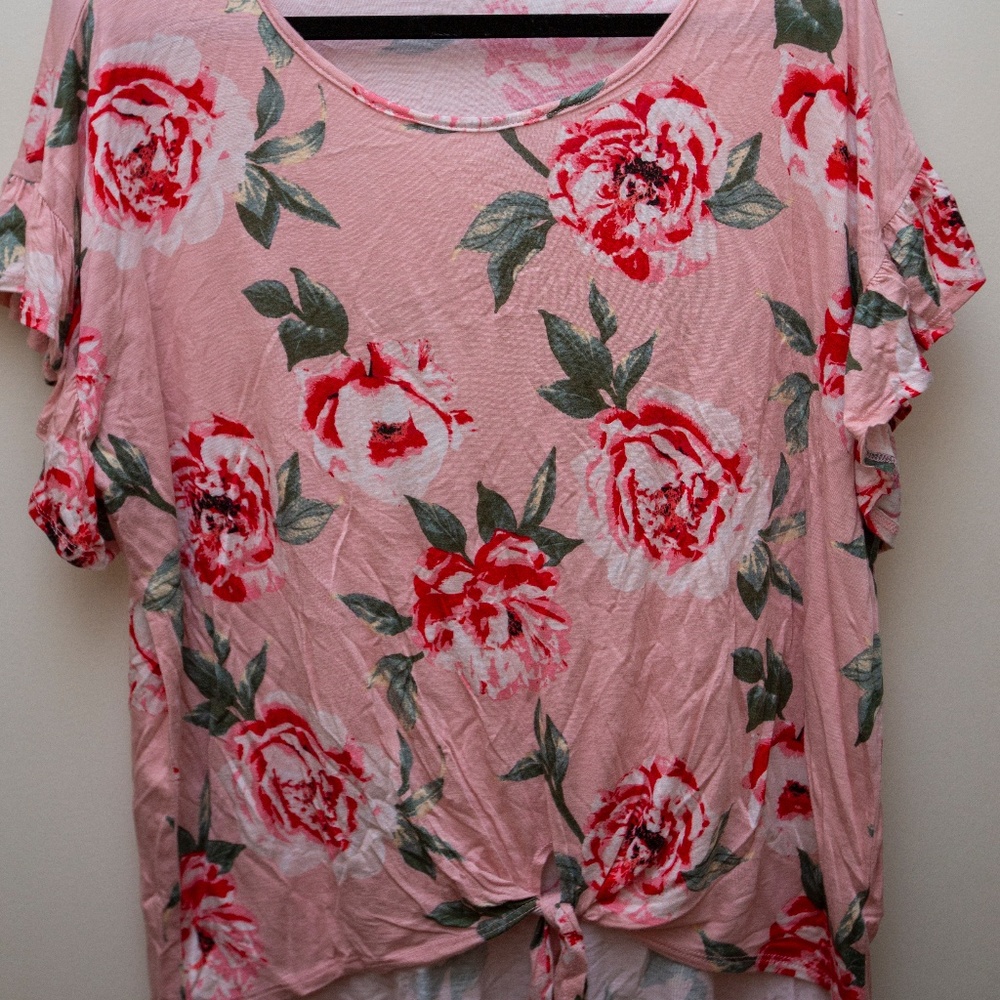 Rose Patterned Blouse with Tie Front